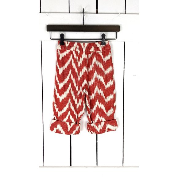 Kids childrens red white IKAT zigzag print woven cotton stretch waist pants - Picture 2 of 4